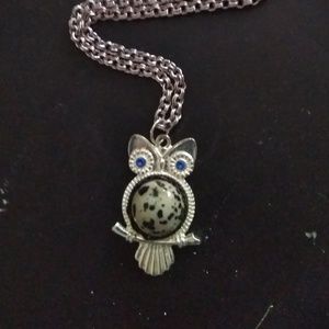 Silver Owl with Jasper and Blue Rhinestones Eyes